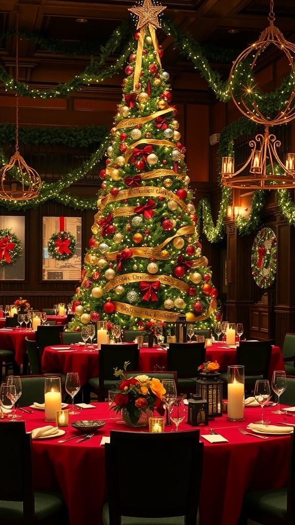 A festive restaurant setting for Christmas with a decorated tree, holiday table settings, and garlands.